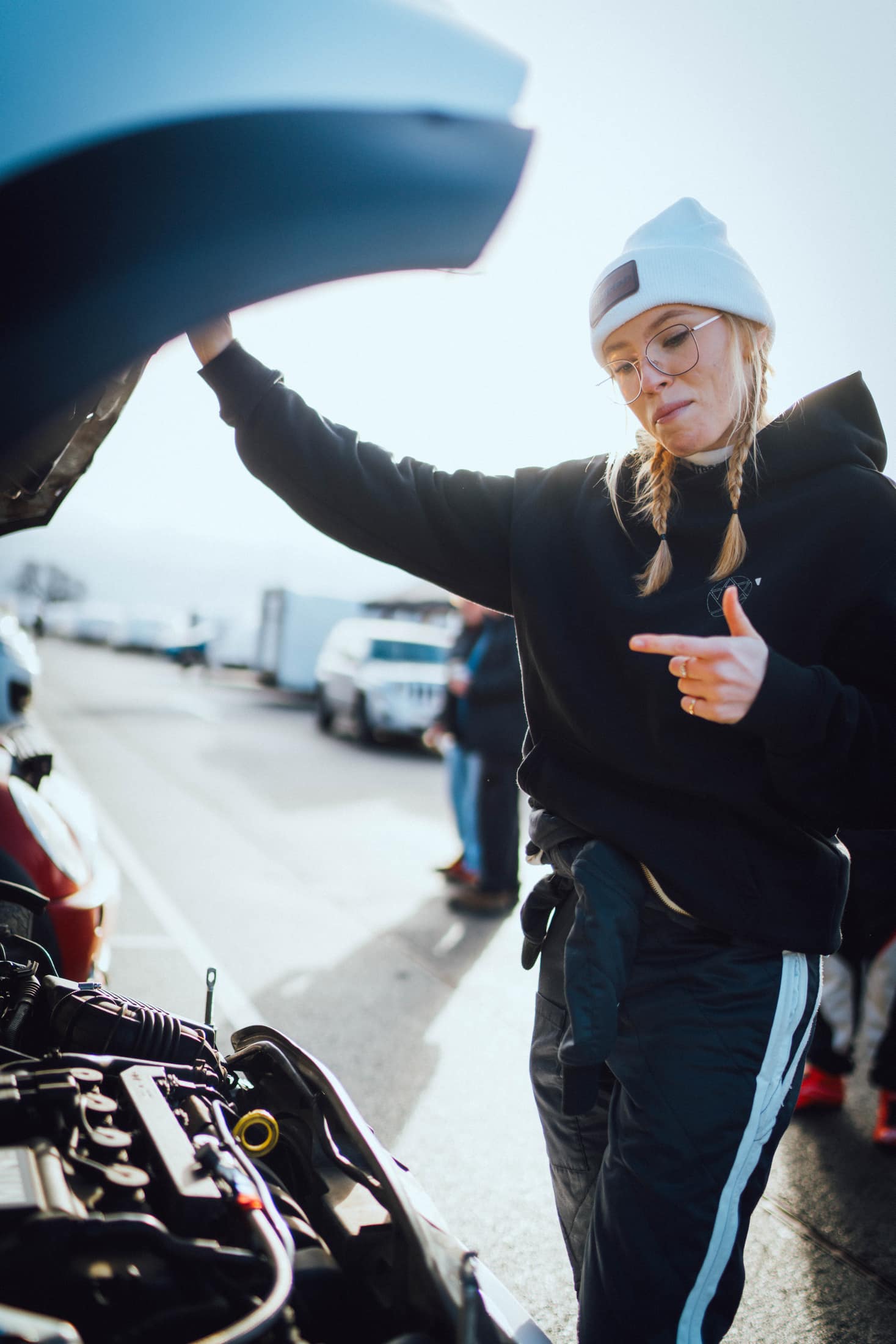 Mini engine bay being checked before the rally